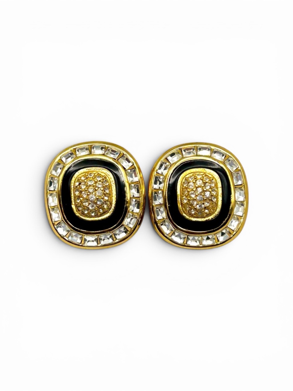 💎 Vintage Christian Dior Gold Tone Clip-On Earrings Black Enamel Clear Crystal💎